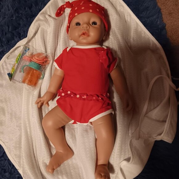 🆕20 inch Full Body Silicone Baby Dolls Girl With Feeding Tools Wears Pholka Dot - Picture 3 of 9
